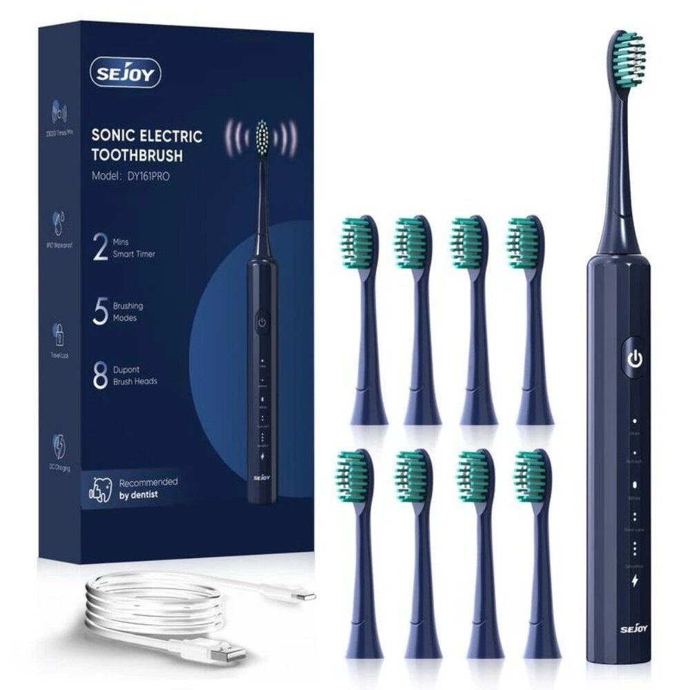 SEJOY Sonic Electric Toothbrush Rechargeable; 5 Modes Timer w/ 8 Brush Heads NEW